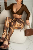 Camel Fashion Sexy Print See-through V Neck Long Sleeve Two Pieces