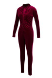 Pink Fashion Casual Solid Fold V Neck Long Sleeve Skinny Jumpsuits