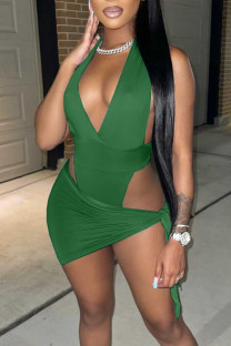 Green Sexy Solid Hollowed Out Split Joint V Neck Sleeveless Two Pieces