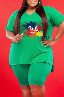 Green Casual Print V Neck Plus Size Two Pieces