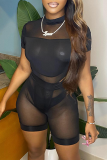 Black Sexy Solid Split Joint Mesh O Neck Short Sleeve Two Pieces