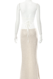 Apricot Sexy Solid Patchwork Spaghetti Strap Sleeveless Two Pieces