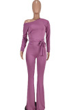 Purple Casual Solid Patchwork Oblique Collar Boot Cut Jumpsuits