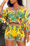 Multicolor Sexy Print Split Joint V Neck Three Quarter Two Pieces