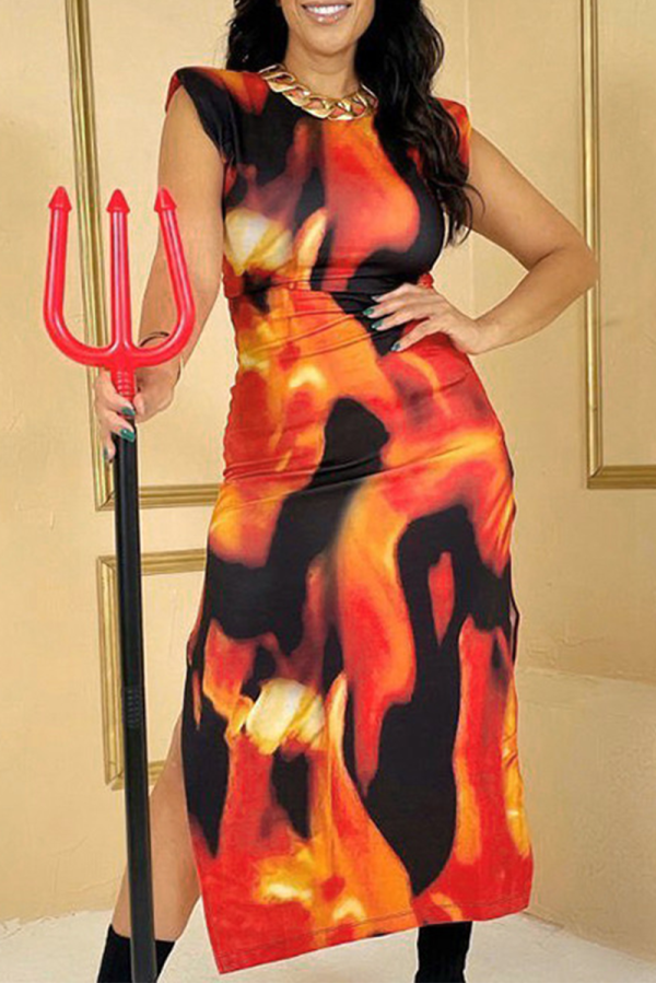 Orange Sexy Patchwork Tie-dye O Neck Pencil Skirt Dresses