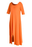 Tangerine Red Casual Solid Split Joint Asymmetrical O Neck Irregular Dress Dresses