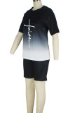 Black Casual Gradual Change Print Split Joint O Neck Short Sleeve Two Pieces