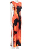 Orange Sexy Patchwork Tie-dye O Neck Pencil Skirt Dresses