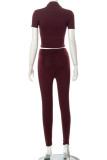 Red-brown Fashion Casual Solid Basic O Neck Short Sleeve Two Pieces