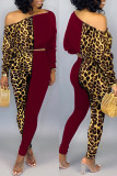 Burgundy Fashion Casual Print Leopard Patchwork Oblique Collar Long Sleeve Two Pieces