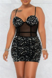 White Fashion Sexy Patchwork Sequins See-through Backless Spaghetti Strap Sleeveless Dress