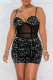 White Fashion Sexy Patchwork Sequins See-through Backless Spaghetti Strap Sleeveless Dress