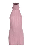 Pink Fashion Sexy Solid Hollowed Out Backless Slit Halter Sleeveless Dress