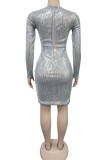Silver Sexy Europe and America Long Sleeves O neck Asymmetrical Solid Sequin asymmetrical Dresses