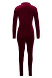 Pink Fashion Casual Solid Fold V Neck Long Sleeve Skinny Jumpsuits
