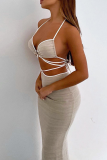 Apricot Sexy Solid Patchwork Spaghetti Strap Sleeveless Two Pieces