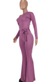 Purple Casual Solid Patchwork Oblique Collar Boot Cut Jumpsuits