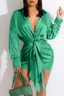 Green Fashion Sexy Solid Fold Turndown Collar Long Sleeve Dresses