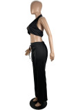 Black Fashion Sexy Solid Backless Halter Sleeveless Two Pieces