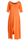 Tangerine Red Casual Solid Split Joint Asymmetrical O Neck Irregular Dress Dresses