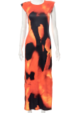 Orange Sexy Patchwork Tie-dye O Neck Pencil Skirt Dresses