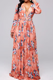 Blue Pink Bohemian Print Patchwork Fold V Neck Straight Dresses