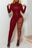 Red Fashion Sexy Solid Ripped Split Joint Chains Zipper Collar Skinny Jumpsuits
