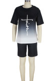Black Casual Gradual Change Print Split Joint O Neck Short Sleeve Two Pieces