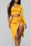 Yellow Sexy Casual Solid Backless Oblique Collar Long Sleeve Two Pieces