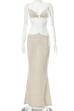 Apricot Sexy Solid Patchwork Spaghetti Strap Sleeveless Two Pieces