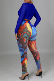 Royal Blue Fashion Sexy Print See-through V Neck Long Sleeve Two Pieces