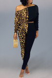 Deep Blue Fashion Casual Print Leopard Patchwork Oblique Collar Long Sleeve Two Pieces