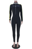 Black Fashion Casual Solid Patchwork Zipper Collar Skinny Jumpsuits