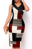 Burgundy Casual Geometric Print Patchwork V Neck One Step Skirt Dresses