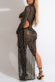 Black Sexy Patchwork Hot Drilling Hollowed Out See-through Half A Turtleneck Long Sleeve Dresses