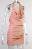 Pink Fashion Sexy Solid Backless Halter Sleeveless Dress