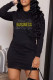 Black Fashion Casual Letter Hot Drill O Neck Long Sleeve Dresses