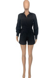 Black Casual Solid Patchwork Pocket Turndown Collar Straight Rompers