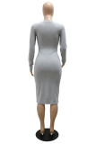 Grey Fashion Casual Print Basic O Neck Long Sleeve Dresses
