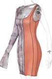 Brownness Fashion Sexy Print Hollowed Out Patchwork O Neck Long Sleeve Dresses