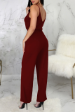 Burgundy Casual Solid Split Joint Spaghetti Strap Regular Jumpsuits