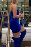 Deep Blue Sexy Solid Patchwork Halter Pencil Skirt Dresses