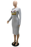 Grey Fashion Casual Print Basic O Neck Long Sleeve Dresses