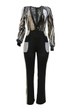 White Fashion Casual Patchwork Sequins See-through V Neck Regular Jumpsuits