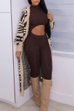 Brown Sexy Casual Solid Hollowed Out Turtleneck Skinny Jumpsuits