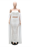 White Fashion Sexy Patchwork Sequins Backless Off the Shoulder Long Sleeve Two Pieces