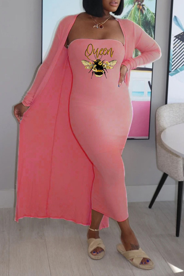 Pink Casual Print Patchwork Strapless Long Sleeve Two Pieces