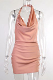 Pink Fashion Sexy Solid Backless Halter Sleeveless Dress