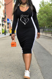 Black Casual Print Split Joint V Neck One Step Skirt Plus Size Dresses