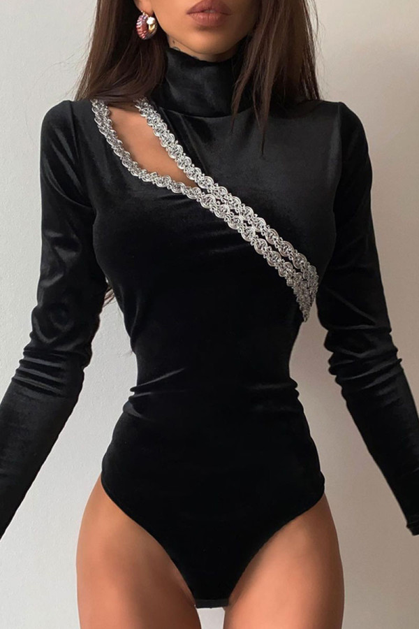 Black Sexy Solid Hollowed Out Patchwork Turtleneck Regular Jumpsuits